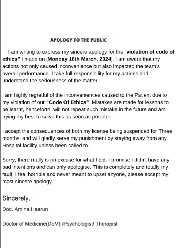 dr. amina haarun apology on kuami eugene's health
